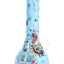 Baby-blue ceramic bong splashed with multicolor burst glaze and gold decal, clear bowl fitted, upright angle.