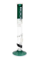 ROOR Tech 18-inch straight shooter, green and white color scheme, wide base, showerhead percolator and glass bowl.