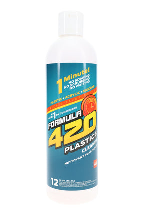 12-ounce bottle of Formula 420 Plastic Cleaner featuring teal label that reads “1 Minute! No soaking, no scrubbing” for plastic, acrylic, and silicone pieces.