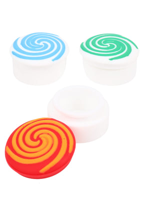 1.25-inch white silicone spiral storage jar for wax and concentrates featuring assorted colorful swirl lid, top and side view