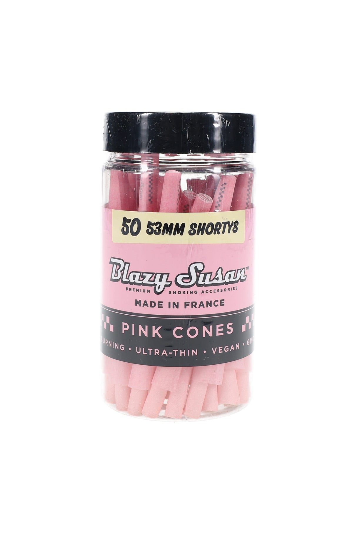 50-count jar of Blazy Susan pink shorty pre-rolled cones with black screw-top lid and branded label, studio product view.