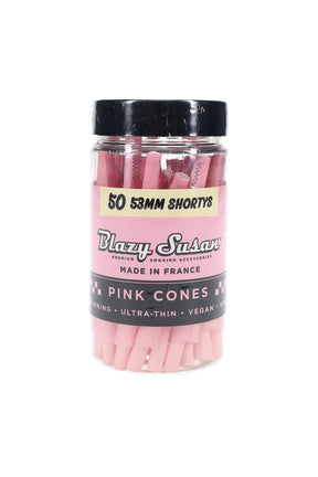 Blazy Susan shorty pink pre-rolled cones, 50-count jar, 53 mm size, vegan French paper for a slow, even burn.