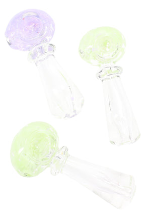 3.5-inch clear glass spoon pipe with neon frit bowl and glass ring accent, compact handheld design, assorted bowl colors.