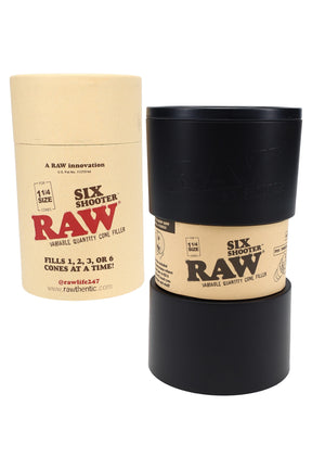 RAW Six Shooter cone filler for 1¼ size cones with kraft retail tube, variable quantity design that packs 1, 2, 3, or 6 at a time.