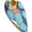 Turquoise 4″ oval ceramic hand pipe with gold sun accent and brass screen bowl, shimmering iridescent glaze.