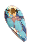 Turquoise 4″ oval ceramic hand pipe with gold sun accent and brass screen bowl, shimmering iridescent glaze.