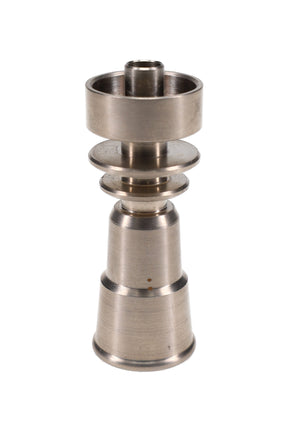 Domeless dual-size titanium nail fits 10 mm & 14 mm rigs, female joint, upright studio shot on white background.