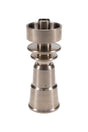 Domeless dual-size titanium nail fits 10 mm & 14 mm rigs, female joint, upright studio shot on white background.