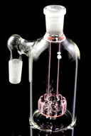 Pink showerhead ash catcher close-up on black, focusing on the frosted top female joint and perc.