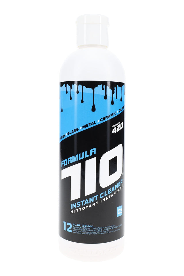 12-ounce Formula 710 Instant Cleaner bottle with blue and black label for glass, quartz, metal, and ceramic smoking pieces