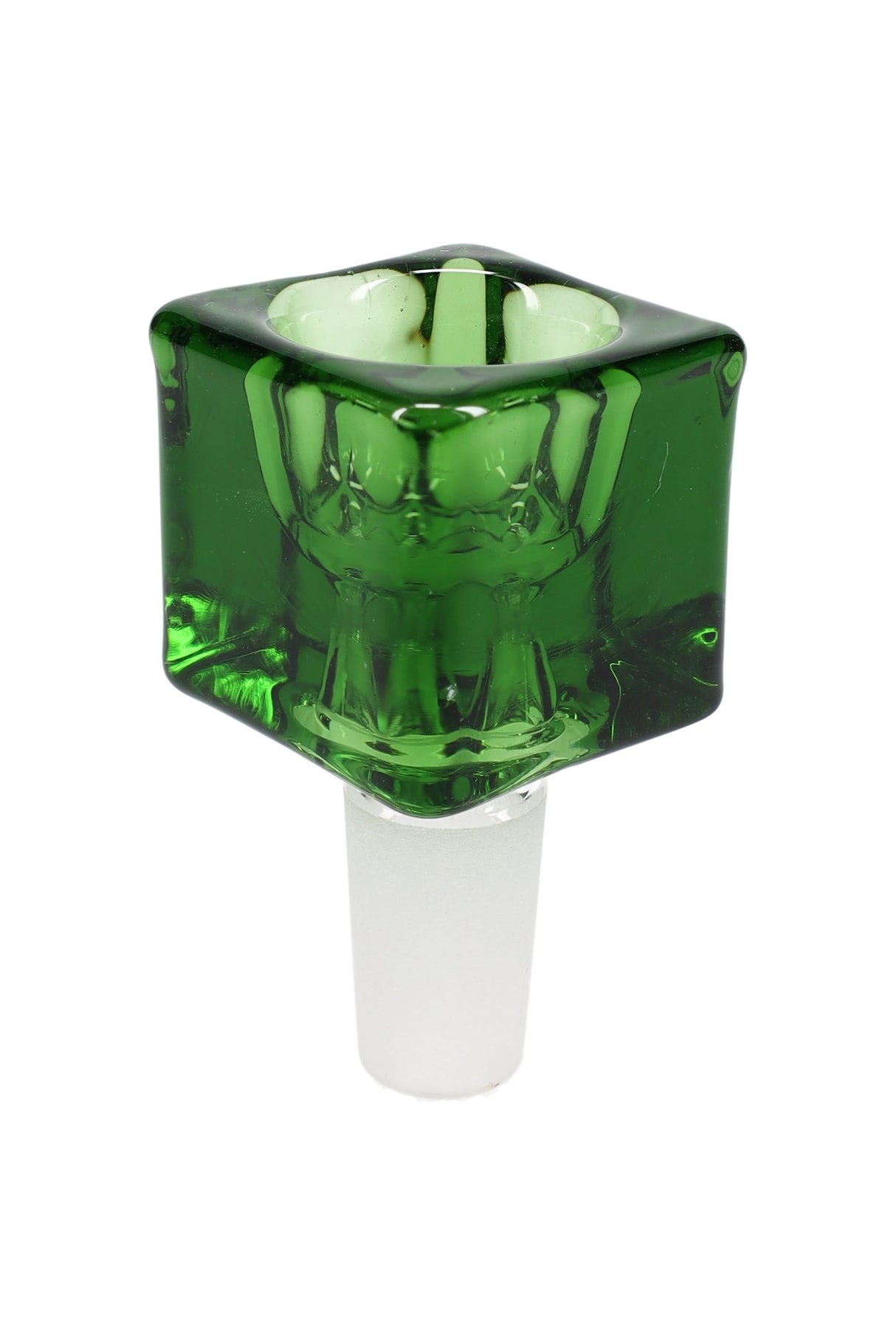 Emerald green glass cube bowl slide with frosted 14 mm male joint, centered on white, showcasing vibrant color saturation.