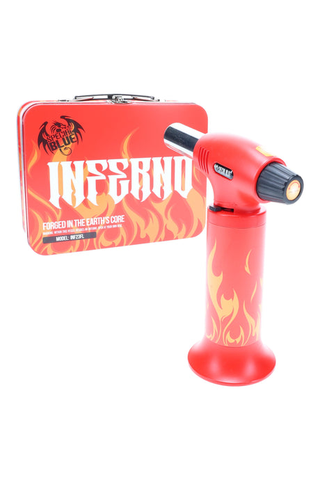 Special Blue Inferno Pro Flame On red torch with flame-print tin case, upright view highlighting safety lock and nozzle.