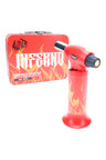 Special Blue Inferno Pro Flame On red torch with flame-print tin case, upright view highlighting safety lock and nozzle.