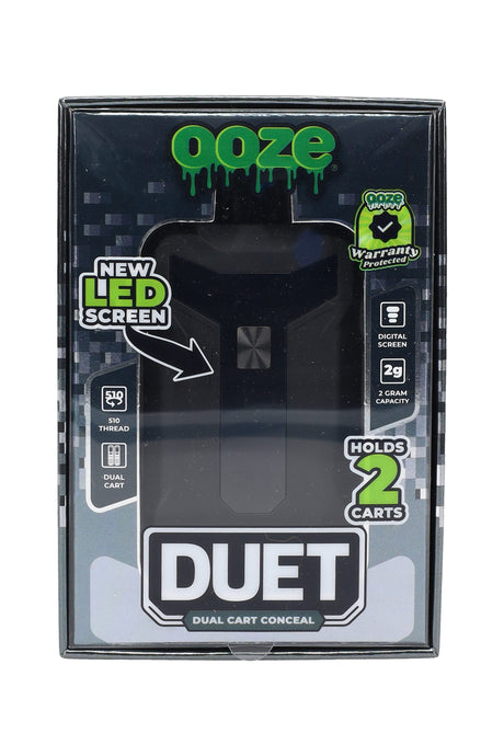 Black Ooze Duet dual-cart 510 battery in box, LED screen noted and dual-cart capability displayed.