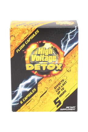 High Voltage Detox Flush Capsules retail box, 6-count dietary supplement with lightning graphics and “effects up to 5 hours” claim.