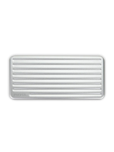 Top-down view of Puffco Pivot travel case showing grooved Pearl aluminum lid with rounded corners and PUFFCO logo.