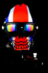 Gas mask bong in red, white, and blue skull design with mirrored goggles and attached acrylic pipe.