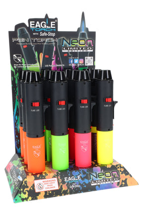 12-pack display of Eagle pen torch lighters in neon orange, yellow, pink, and green with Safe-Stop and flame-lock switches.