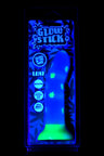 Glow Stick silicone dildo with cannabis leaf motifs glowing under black light, suction-cup base visible in retail clamshell package.