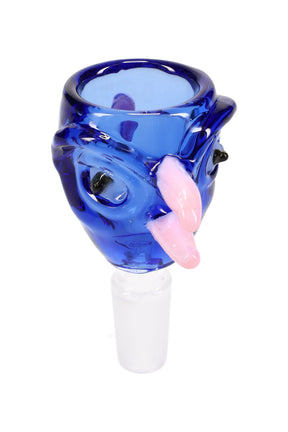 Close angle of colored glass bird bowl, 14.5 mm male joint for dry herb; tight glass-on-glass fit; decorative accents shown.