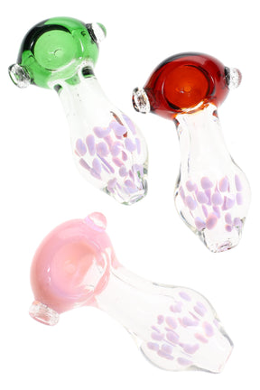 3½-inch clear borosilicate spoon pipe with neon bowl cap, side carb, and pastel dot accents in the tail, shown in assorted colors.