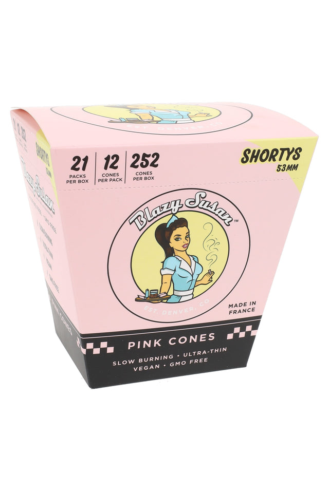 Blazy Susan Shorty 53 mm pre-rolled cones display with 21 packs; ultra-thin, slow-burning vegan rolling papers made in France.