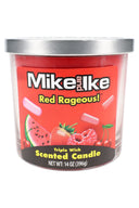 14-oz triple-wick Mike and Ike Red Rageous scented candle, bright red wax jar with silver lid and fruity candy artwork