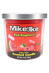 14-oz triple-wick Mike and Ike Red Rageous scented candle, bright red wax jar with silver lid and fruity candy artwork