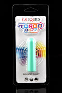 Mint green Turbo Buzz rounded bullet vibrator packaged for retail; 10 function external massager, USB rechargeable, IPX7 waterproof.