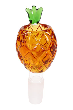 Amber pineapple-shaped glass bong bowl with green crown and 14.5 mm male frosted joint, textured diamonds for grip.