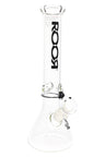 Clear ROOR 5 mm beaker bong with black ROOR logo, glass-on-glass downstem and bowl, ice pinch.