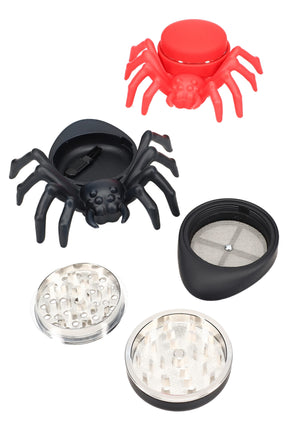 50 mm 4-part plastic spider herb grinder with fine kief screen and catch tray, novelty black and red body, components shown disassembled.