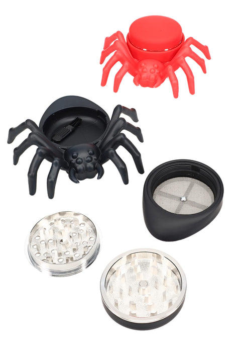 50 mm 4-part plastic spider herb grinder with fine kief screen and catch tray, novelty black and red body, components shown disassembled.