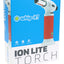 Ion Lite torch white body with red grip on box; compact dab torch with polished nozzle, slightly left-facing.