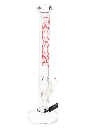 Clear ROOR 18-inch straight tube bong with light-red ROOR logo (white fill), glass-on-glass downstem and bowl, ice pinch.