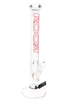 Clear ROOR 18-inch straight tube bong with light-red ROOR logo (white fill), glass-on-glass downstem and bowl, ice pinch.