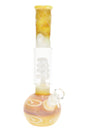 Yellow silver-fumed bubble bong displaying white spiral coil perc and angled glass-on-glass joint.