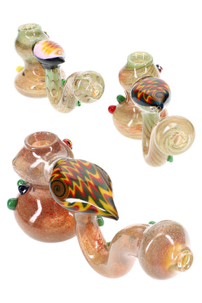 Three silver-fumed glass hammer bubblers with raked reversal accents and grip marbles, about 8″ long each, shown in assorted colors.