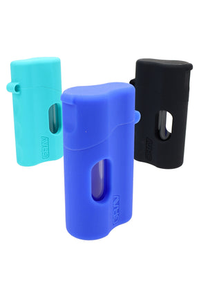 Compact GRAV silicone dugout in Black, Cobalt, and Lake Green showing viewing window, hinged lid, and included 12/1 mm glass taster, front and side views.