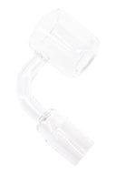 Clear 30 mm domeless quartz banger photographed from the rear, showing the 90° bend and frosted glass joint.