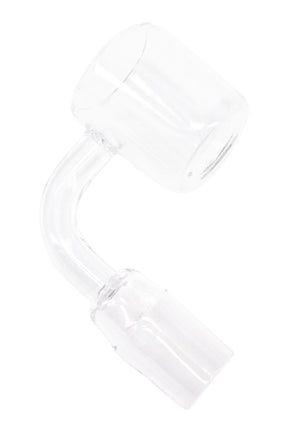 Clear 30 mm domeless quartz banger photographed from the rear, showing the 90° bend and frosted glass joint.