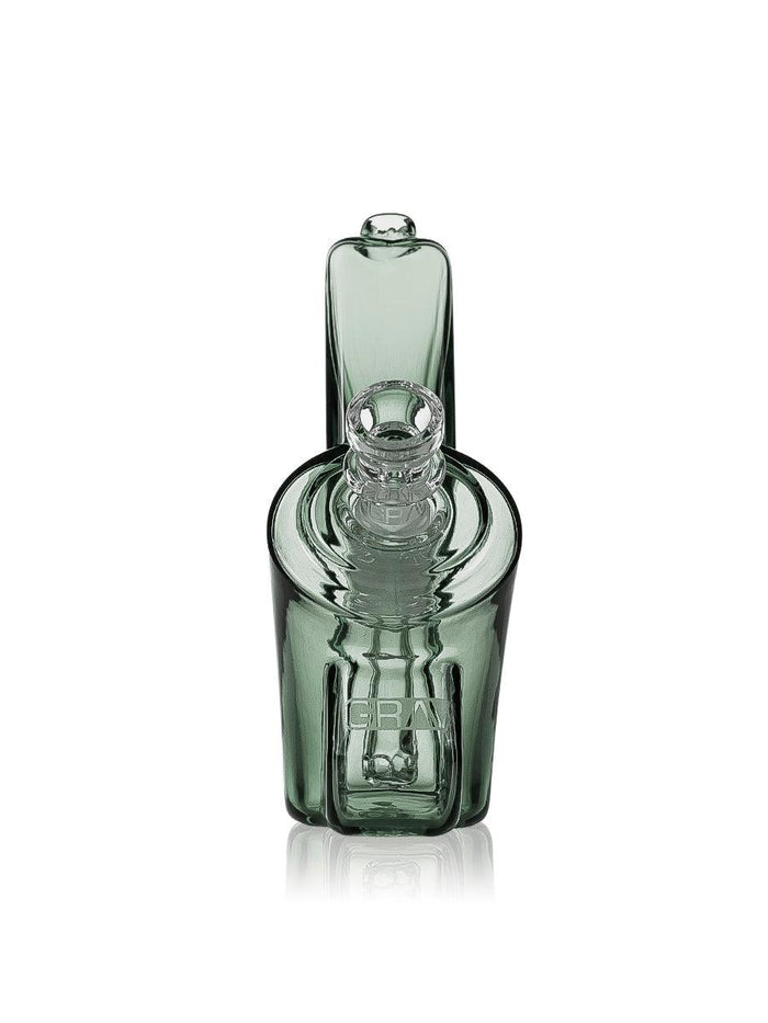 Gray GRAV Wedge glass bubbler front view with clear cup bowl, tall mouthpiece, and branded chamber
