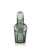 Gray GRAV Wedge glass bubbler front view with clear cup bowl, tall mouthpiece, and branded chamber
