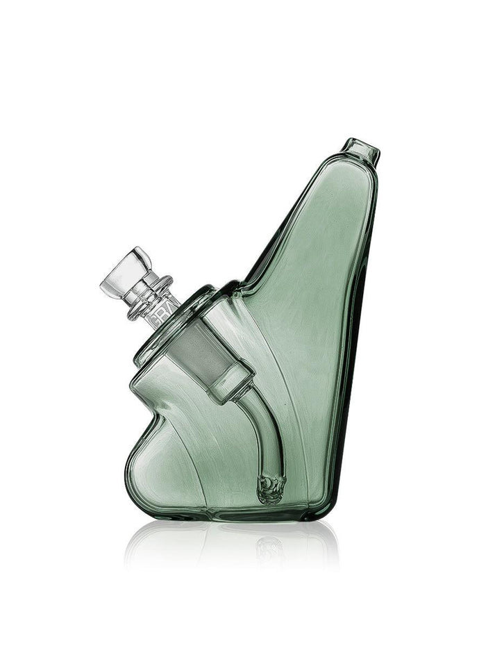 Gray GRAV Wedge glass bubbler side view with angled body, clear 14 mm bowl, and compact water chamber