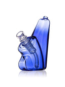 Blue GRAV Wedge glass bubbler side view with angular profile, clear 14 mm bowl, and raised mouthpiece