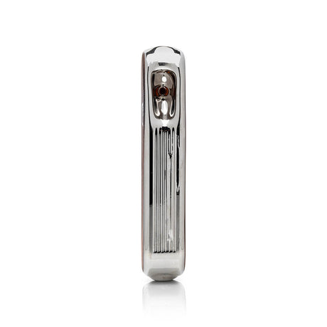 Side profile of metallic army knife style glass hand pipe highlighting ridged trim and recessed bowl on the top panel.