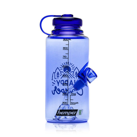 Side angle of blue Happy Camper water bottle glass bong with recessed joint and matching blue bowl above sculpted mountain perc.