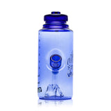 Rear view of Hemper Happy Camper water bottle bong highlighting screw-top cap mouthpiece, loop handle and mountain perc base.