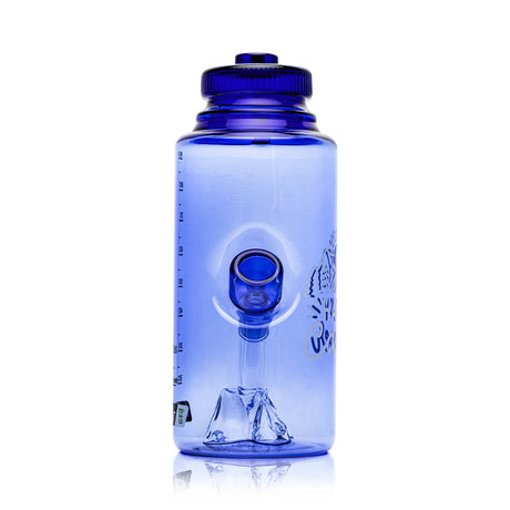Rear view of Hemper Happy Camper water bottle bong highlighting screw-top cap mouthpiece, loop handle and mountain perc base.