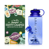 Front view of blue Happy Camper water bottle bong and matching box, showing volume markings, logo art and internal mountain perc.